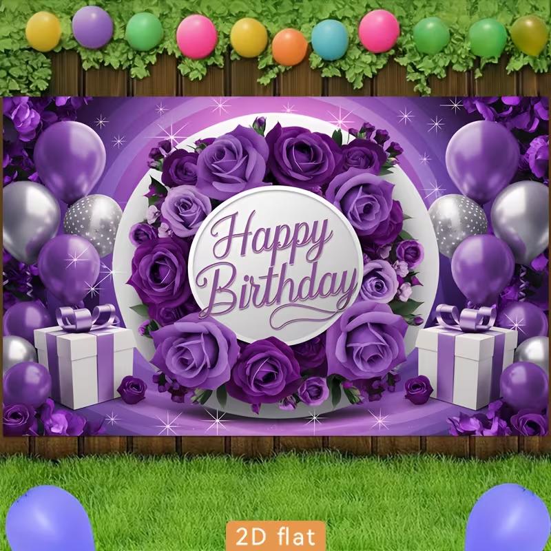 2D Purple Silver Balloon & Rose Happy Birthday Backdrop Banner Photo Booth Background