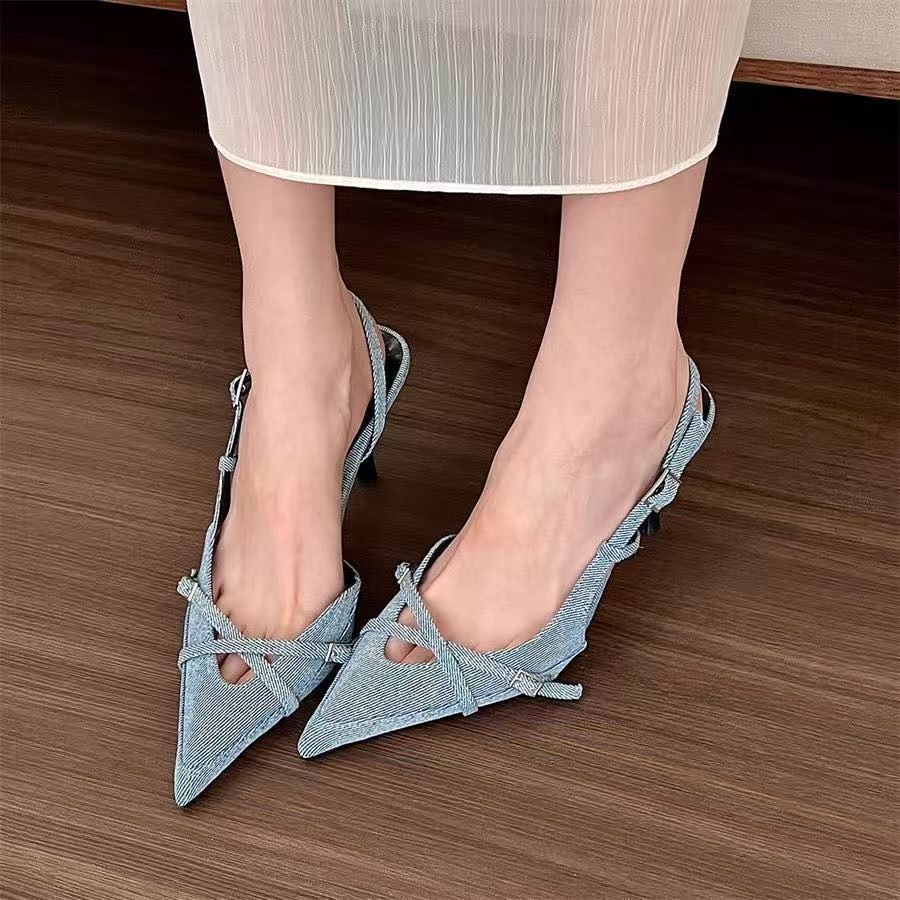 One-word buckle with bag head fashion women's sandals summer pointed thin heel denim high heels 2025 new niche temperament