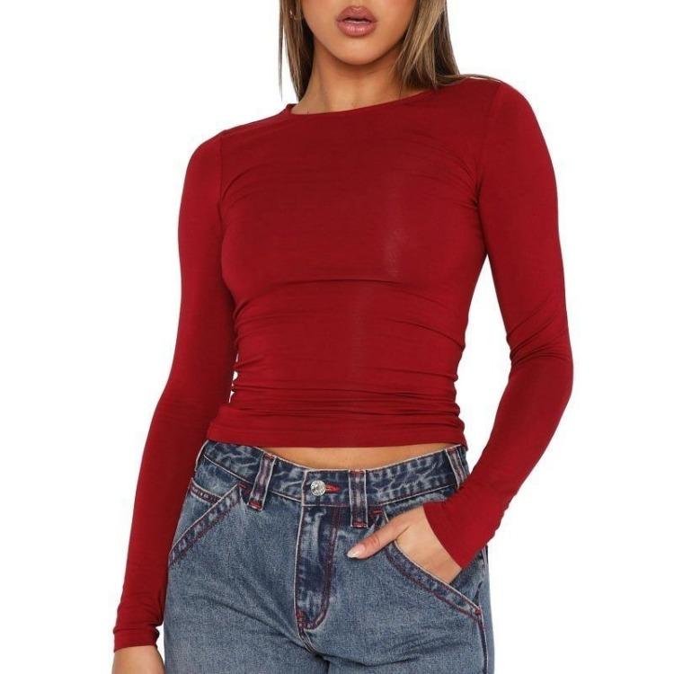 Autumn Fashion Slim Long Sleeve T Shirt Women Solid Color Round Neck Top Wear Inside or Outside