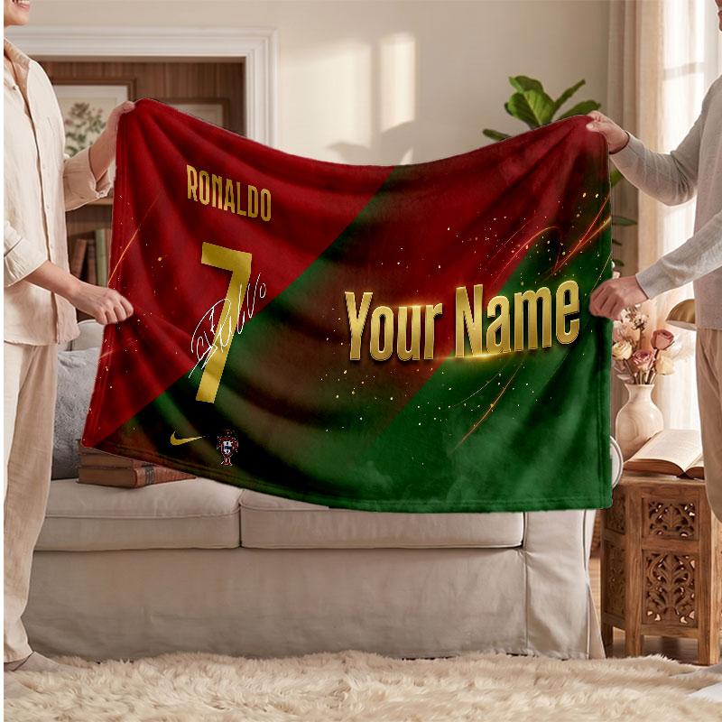 Coperta Personalizzata in Pile Cristiano Ronaldo con Logo Calcio, Testo Nome Personalizzato Morbida Calda Coperta da Divano per la Casa
