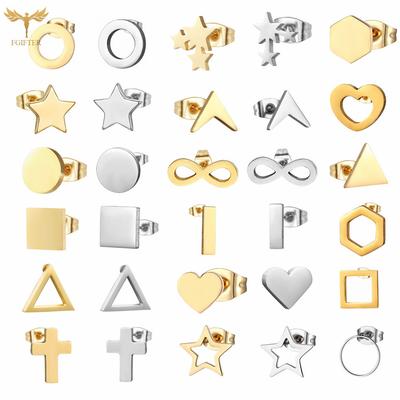 Set de 12 pares de pendientes de botón para mujer Geométrico Triángulo Estrella Redondo Cruz Corazón Pendiente Piercing Acero Inoxidable Zircón Reventa