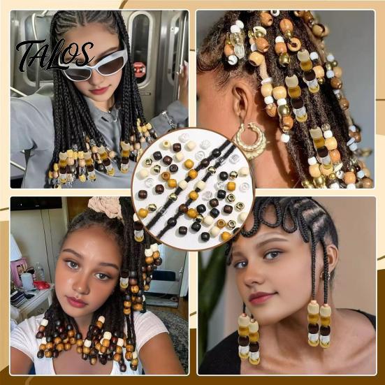 Talos 60 Piezas Accesorios para Cabello de Rastas, Cuentas de Agujero Grande para Trenzas Gruesas y Rastas, Multicolor Textura de Madera Imitación Adultos Niños