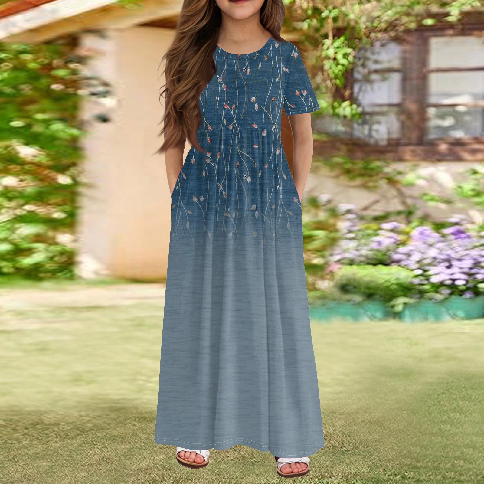 

Длинное летнее платье для девочек - платье макси с короткими рукавами и карманами для детей 4-14 лет 160 синий