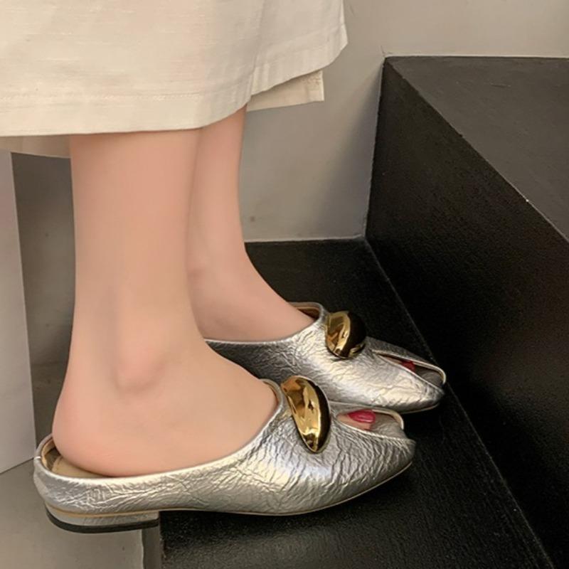 Fashion Metal Buckle Square Toe Low-heeled Slippers Summer New Wrapped Head Foot Soft Sole Anti-slip Wear-resistant Cool Mopping