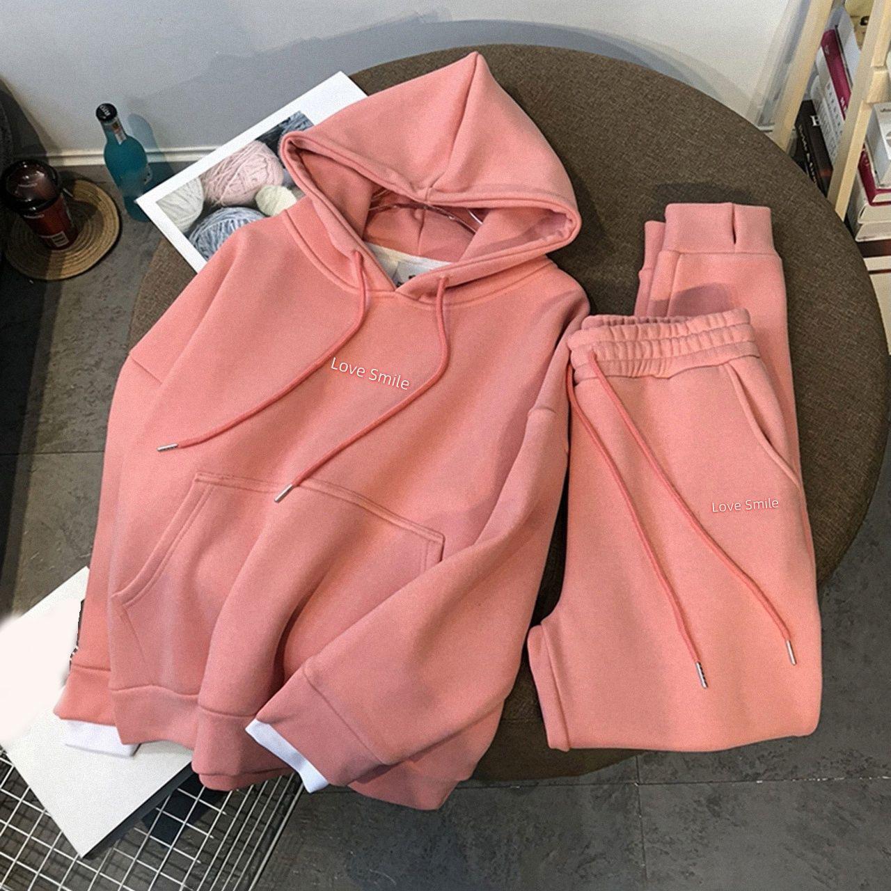 

Осенне-зимний плотный комплект из двух предметов для бега, теплая толстовка с капюшоном, спортивный костюм, брюки-шаровары с высокой талией, комплект из плотных брюк до щиколотки M розовый