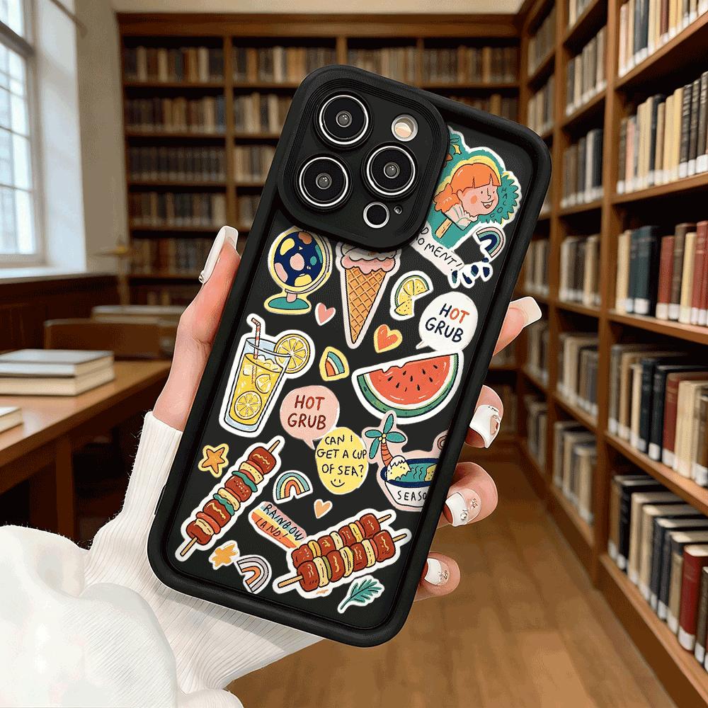 Summer Food Stickers Set Phone Case for iPhone 17 16 15 14 13 12 11 Pro Max Plus Anti Scratch, Gel Flexible Protective