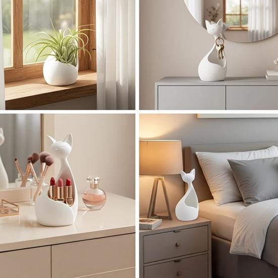 Flowerpot Ornament, with 3D Printed Cat Shape, Compact Size Dual Function Flowerpot And Storage Case for Home Office Desk