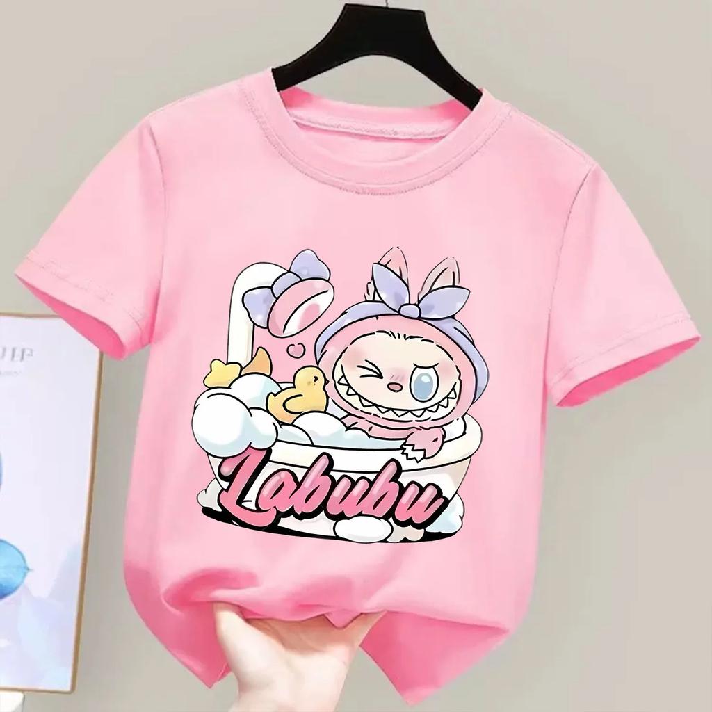 Labubu Mokoko T-shirt for Children Cartoon Round Collar Tee Top New Boys Girls Clothes Cute Short Sleeve Kids Pink Clothing Gift
