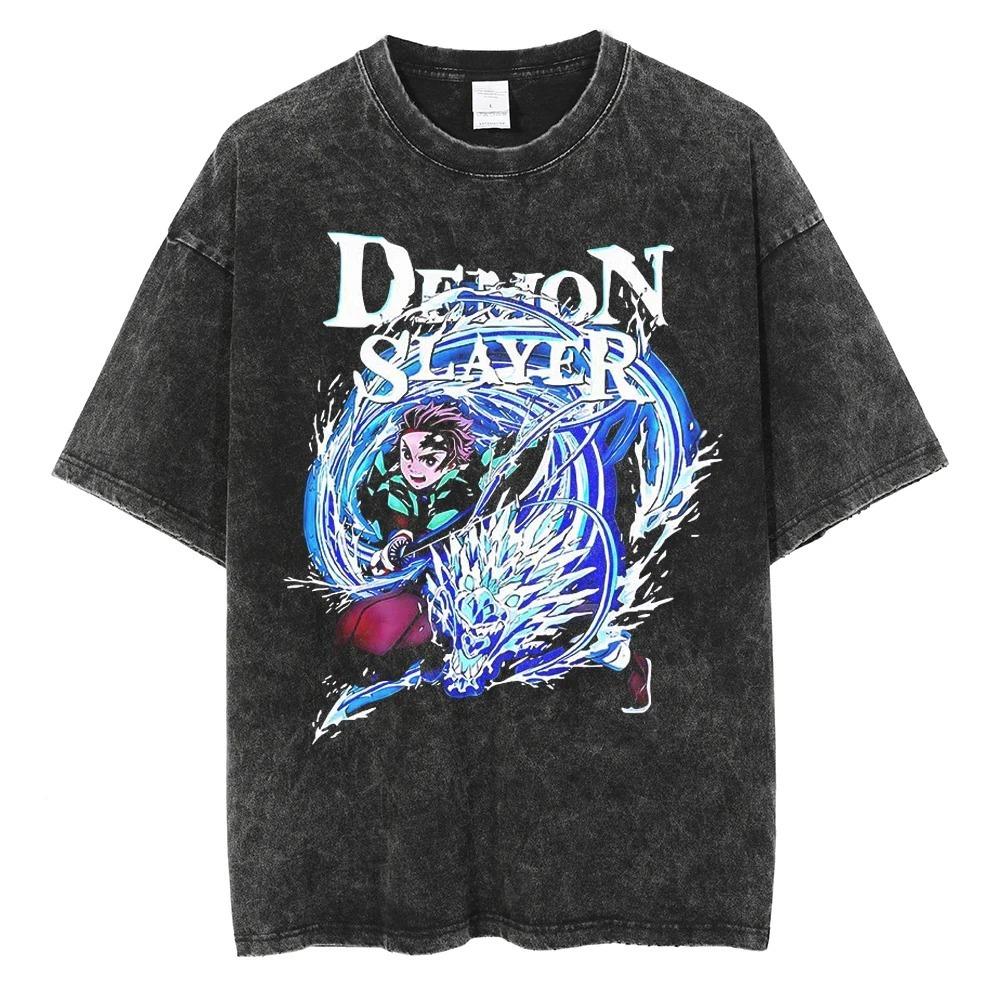 Demon Slayer Iguro Obanai (Pilastro del Serpente) T-shirt Grafica Vintage Lavata Double-Sided, Maglietta Oversize Anime Streetwear, Top Casual Unisex