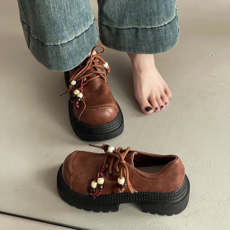 British style girls small leather shoes autumn and winter fashion platform wear Mary Jane shoes lace-up heightening non-slip loafers tide