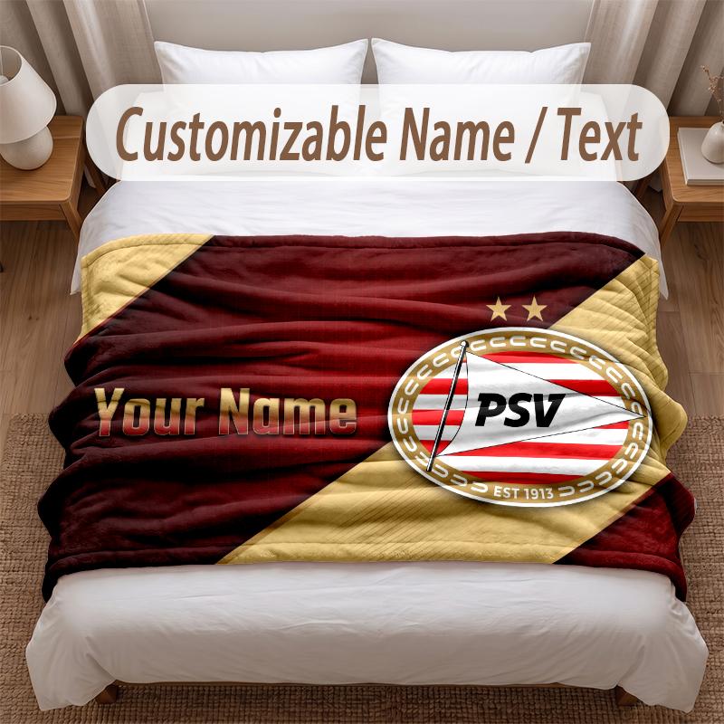 PSV Eindhoven FC Printed Flannel Blanket Custom Name Text Soft Warm Throw For Bedroom Holiday Gift