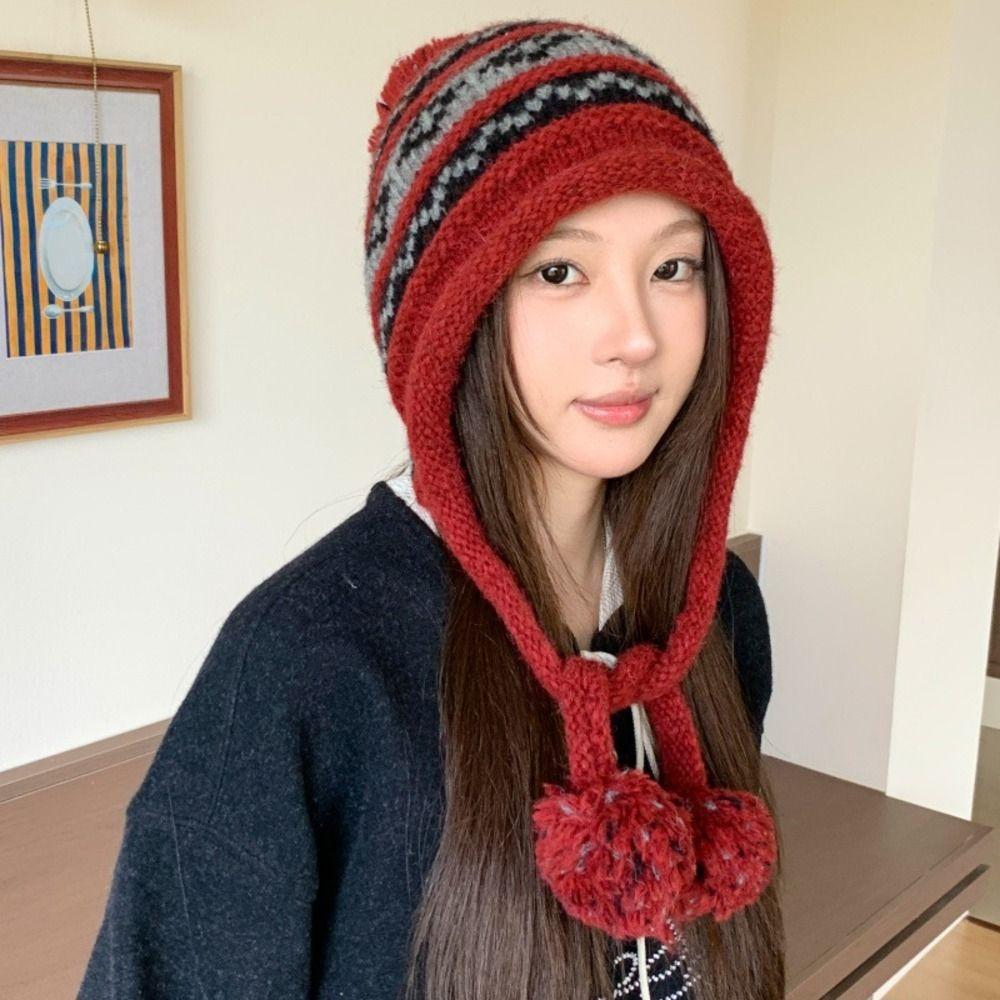 With Pom Pom Knit Earflap Hat Cold Proof Outdoor Fall Winter Hat Warm Knit Beanie Women