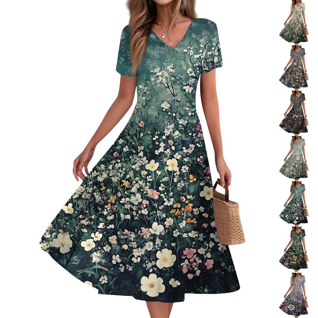 Women's Summer Casual Fashion Print Pocket Short Sleeve V-Neck Swing Dress