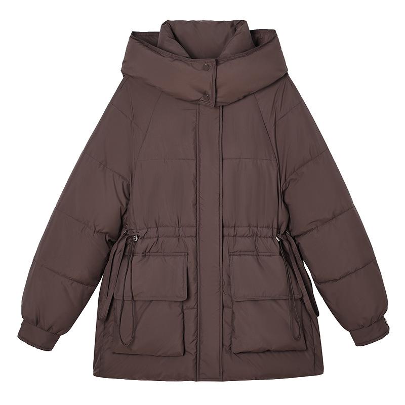 Women's Hooded Drawstring Waist Puffer Jacket with Pockets Solid Color Winter Coat