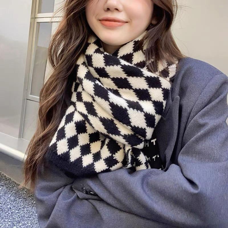 New Christmas Red Rhombus Knitted Scarf Female Autumn and Winter Student Couple Warm Fashion Versatile Scarf