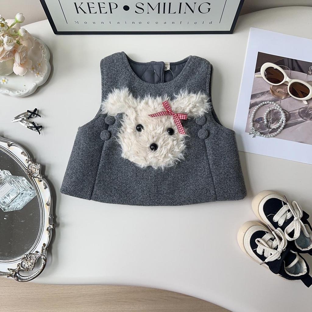 Girls' Autumn/Winter Trendy Dog Print Padded Vest & Skirt Two-Piece Set