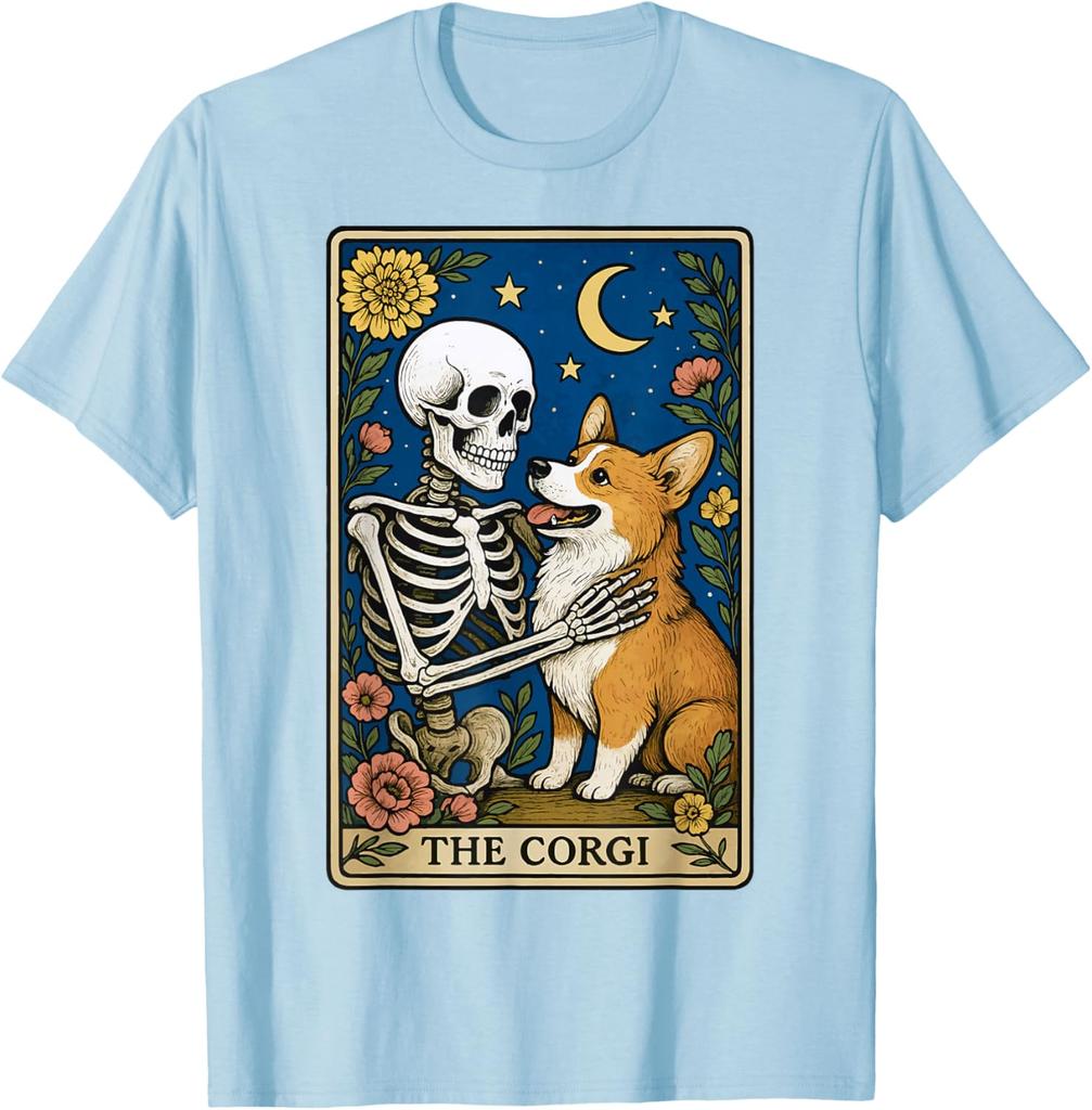 The Corgi Skeleton Tarot Card Graphic Print Cotton Round Neck Casual T-Shirt Men