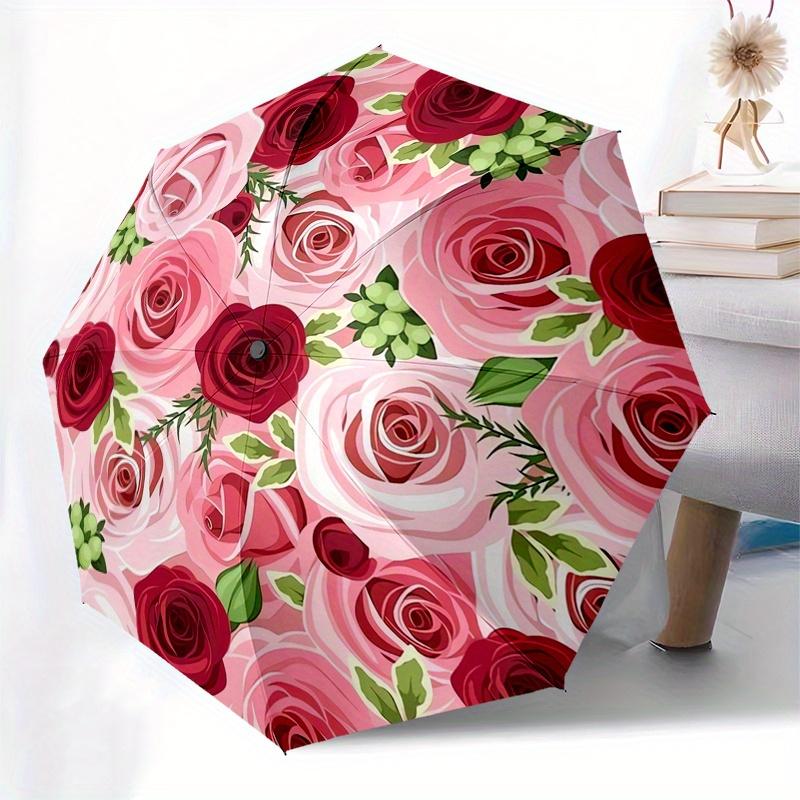 Roses,Floral Themed Automatic Folding Umbrella 8 Ribs Durable Iron Frame, Vibrant Color Design, Compact Travel Umbrella for Beach, Outdoor