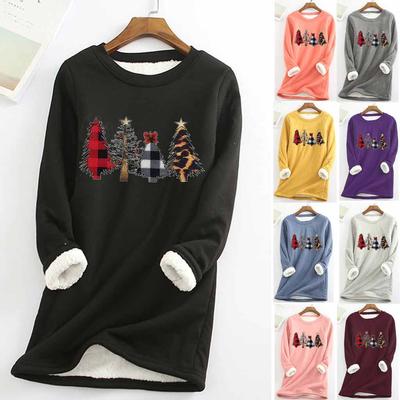 Women Thick Fleece Sweatshirt Christmas Print Velvet Warm  Underwear Top