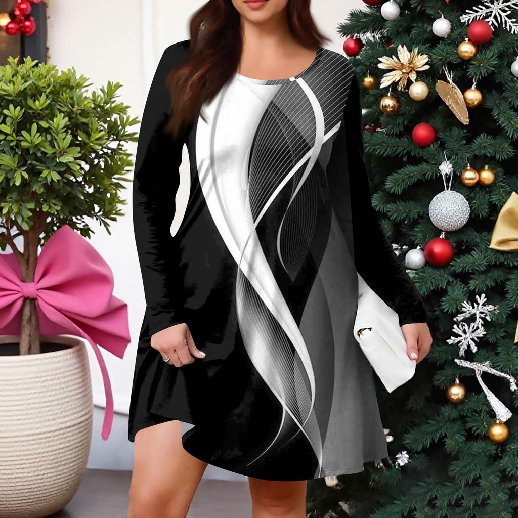 Plus Size Women's Gradient Print Casual Spring/Autumn Pocket Round Neck Long Sleeve Dress