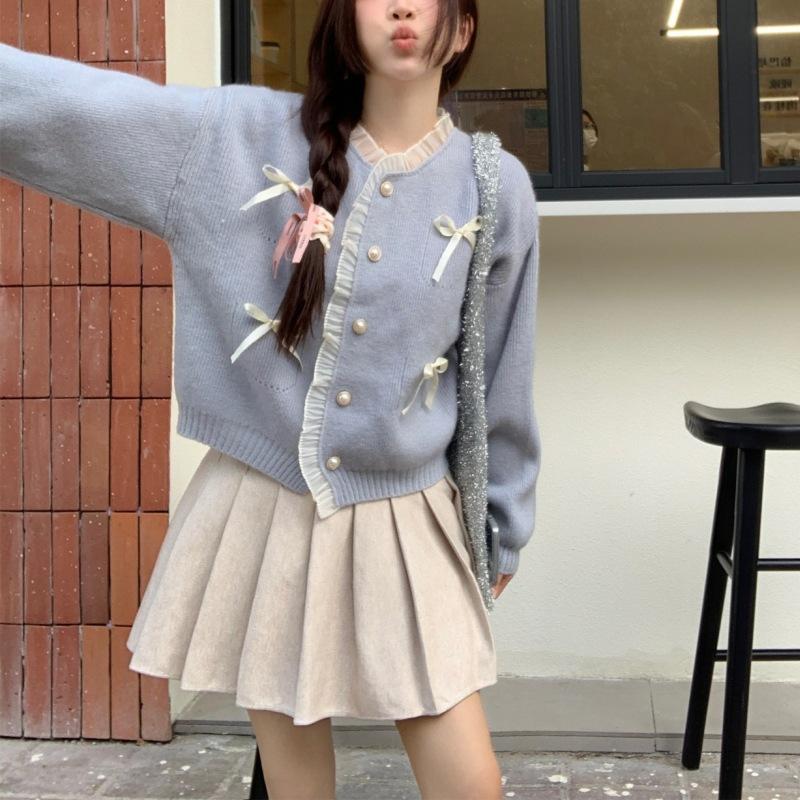 Sweet and Gentle Wind Pink Bow Knitted Sweater Top Foreign Style Sweater Spring Sweater Jacket Women