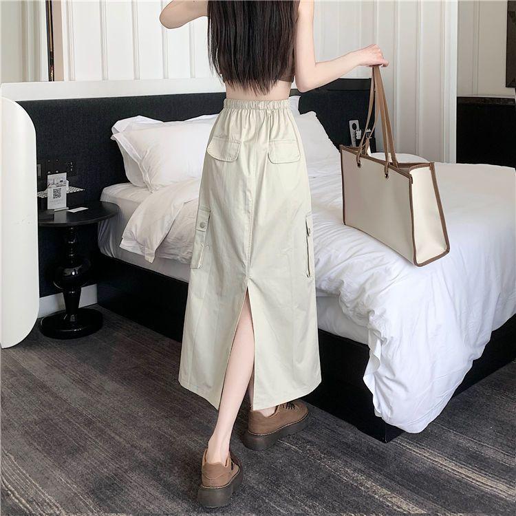 Women's Summer American Vintage Drawstring Utility Midi Skirt - High-Waist Split Loose A-Line Elegant Skirt