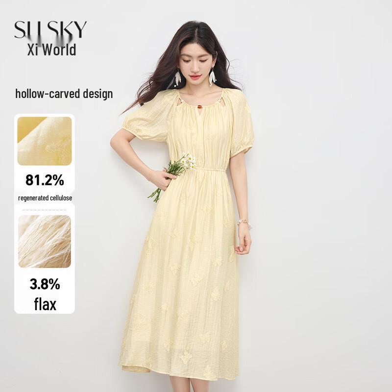 Women s Bohemian Embroidered Linen Blend Puff Sleeve Dress L
