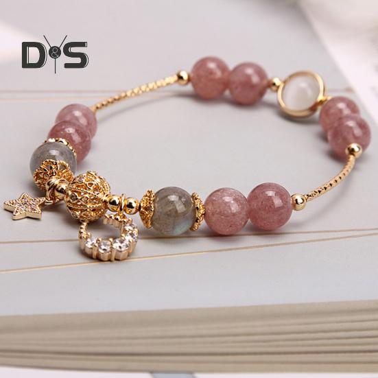 Women Bracelet Smooth Bead Polished Star Moon Pendant Rhinestone Adjustable Shopping Work Party Dating Wrist Chain Lady Jewelry