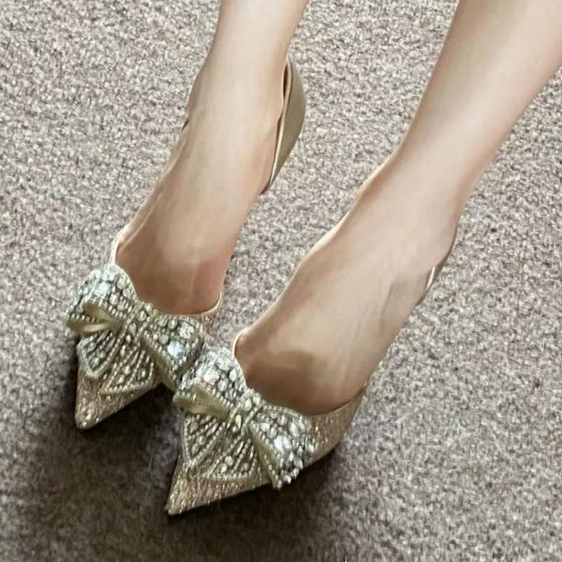 Fashion Women's Fashion Single Shoes Spring New Style Pointed Head Shallow Mouth Crystal Butterfly Knot Set Foot Non-slip High Heels