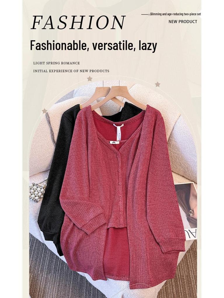 Damen Strickcardigan & Top Set in Übergröße: Temperamentvolle Freizeitkleidung für Frühling/Herbst (130-350 Pfund)