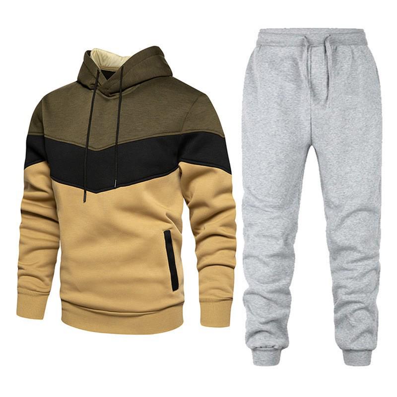 2026 Men's Three-Color Patchwork Hoodie: Trendy Versatile Casual Sports Sweatshirt Set