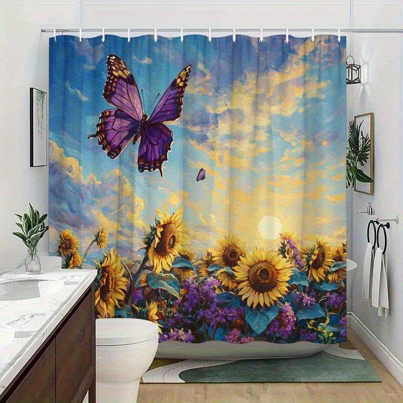 1pc Serene Sunflower Sunset Shower Curtain with Purple Butterfly & Sunflowers Design - 70.8x70.8 Inch Large Bath Curtain 90x180cm35x71in