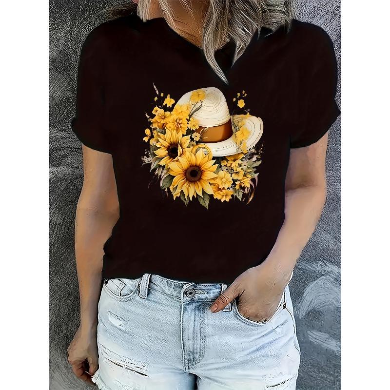 

European Size Women s Short-Sleeve T-Shirt with Chinese Flower & Letter Print - Round Neck Blouse, Breathable Casual Top 4XL чорний