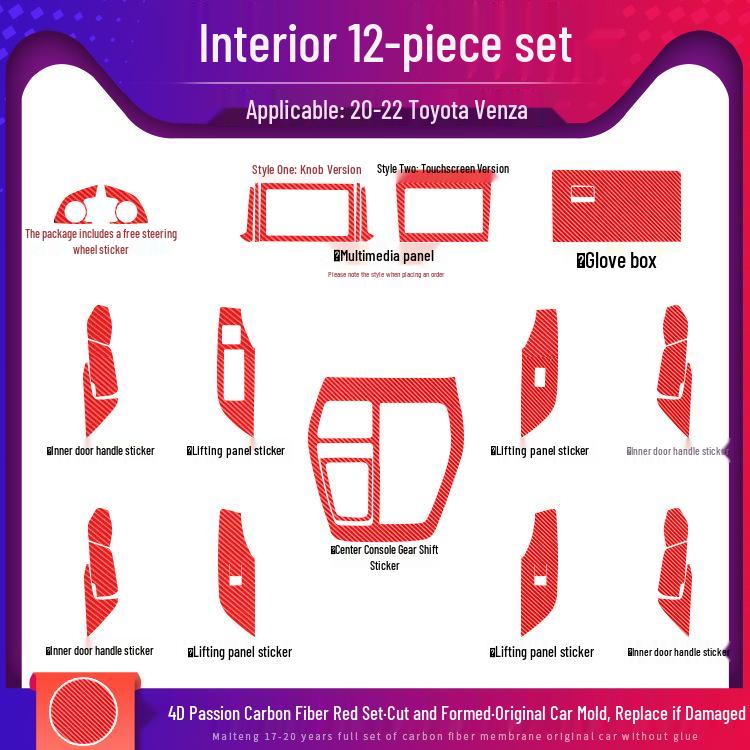 Carbon Fiber Interior Kit for Toyota Venza 2020-2022: Center Console & Anti-Kick Door Protection