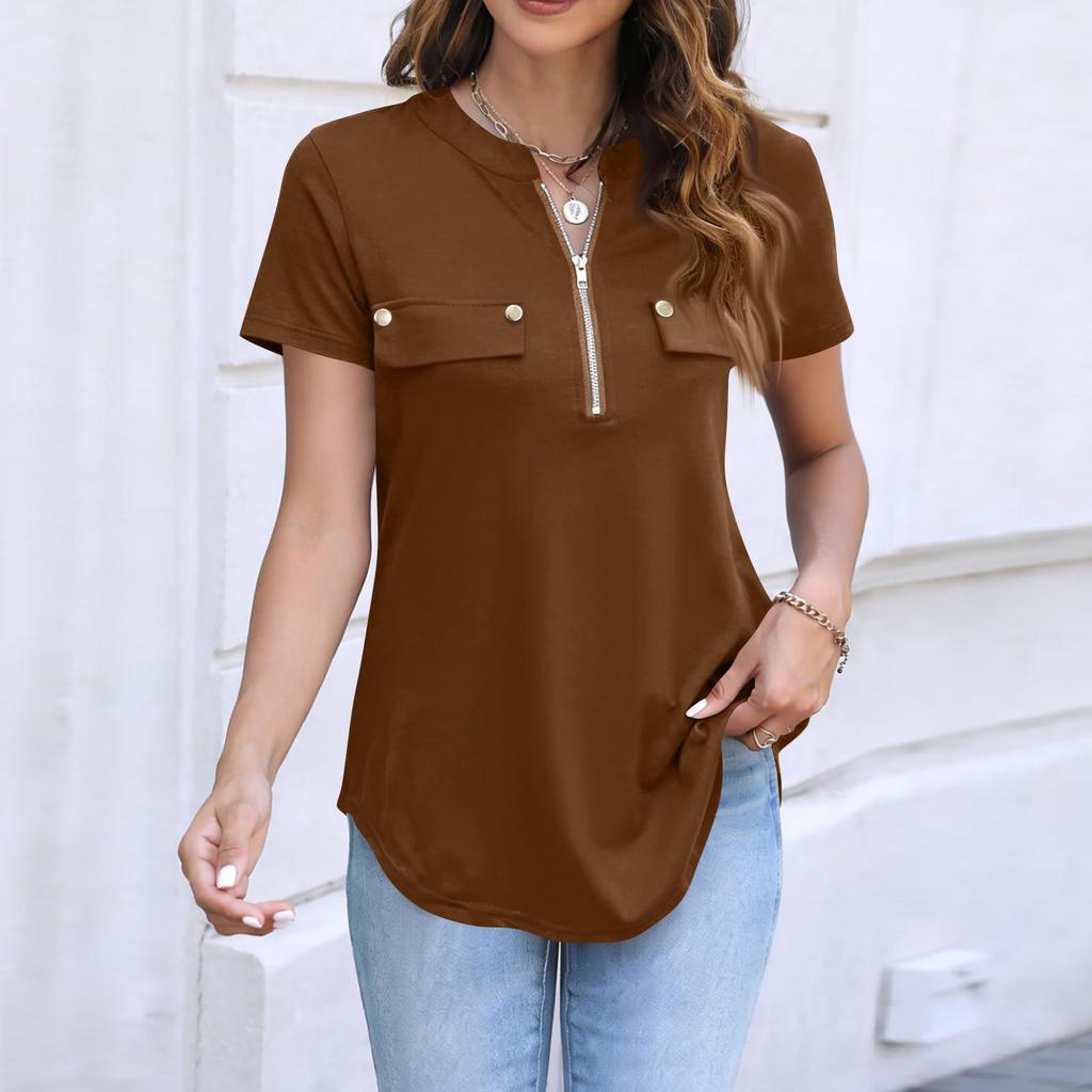 Damen Casual Top mit kurzen Ärmeln, Reißverschluss vorne, Umlegekragen und dekorativen Pattentaschen für den Alltag
