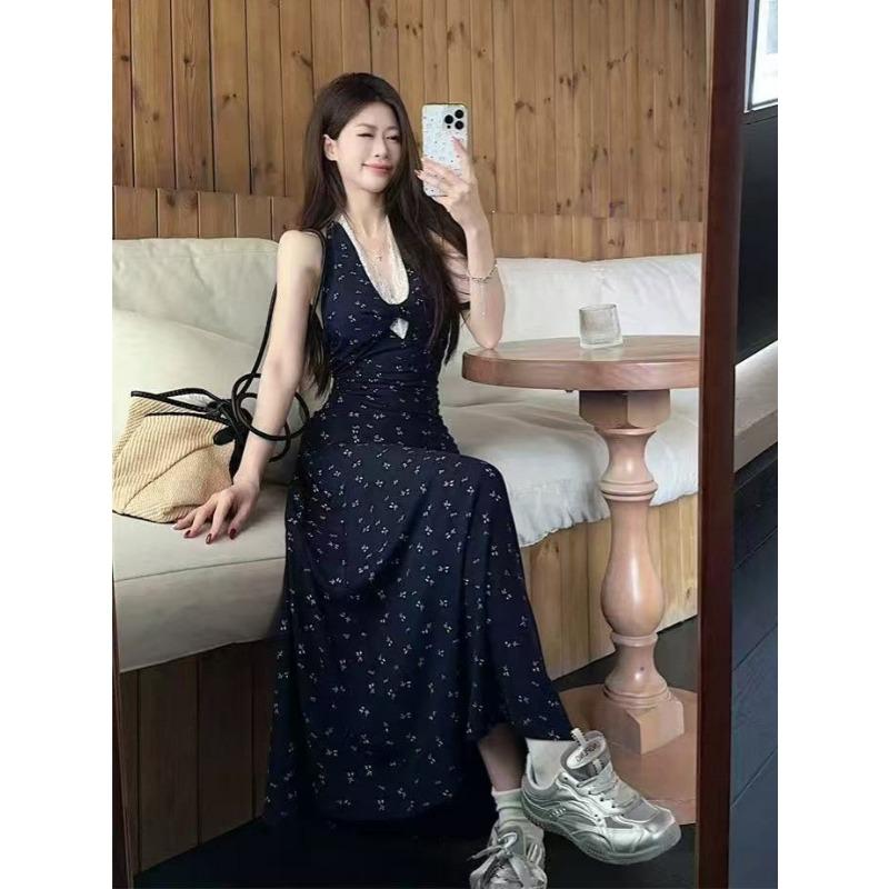 French Lace Sleeveless Neck Floral Dress Children's Summer Seaside Beautiful Waist Suspender Skirt Hip Wrap Dress