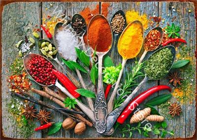 Kitchen Themed Wall Art Decor Colorful Spice and Spoon In Table Metal Tin Sign Food Cooking Ingredients Metal Art Print Decor