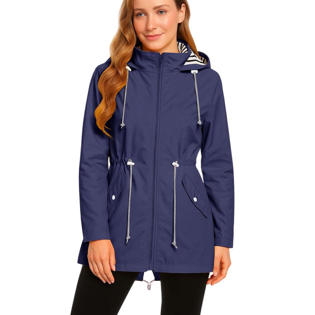 Womens Raincoats With Hood  Lightweight Outdoor Hooded Waterproof Windbreaker Solid Trench Coat Jacket Plus Size