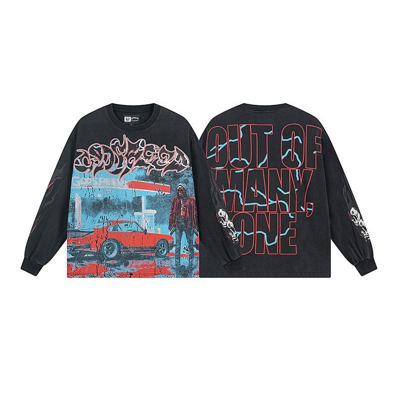 Mens Oversized Cotton Long Sleeve Tee With Skull Graphic Print Streetwear Rock Band Style Loose Fit Teens Adults