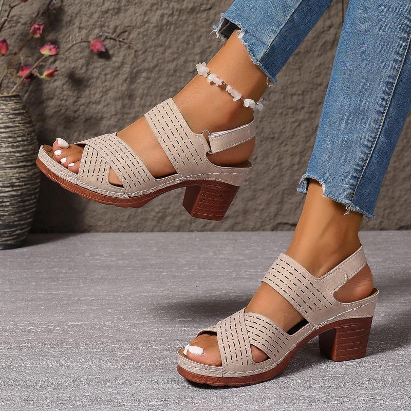 Summer Thick Heel Wedge Sandals Light Hollow Solid Color Large Size Women's Velcro Sandals