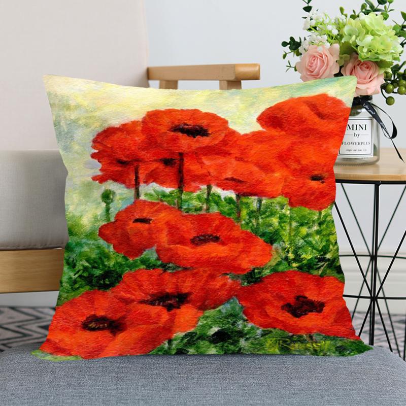 Red Poppy Flower Print Pattern Pillow Case Home Living Room Sofa Bedroom Decoration Soft Throw Square