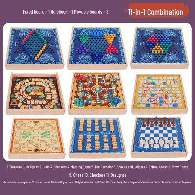 Multi-functional 11-in-1 Wooden Board Game Set