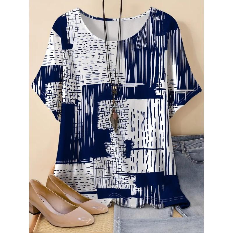 Vibrant Short Sleeve Top Spring & Summer Comfortable Casual Womens Curvy Fashion Clothing Plus Size Geometric Chic T-Shirt