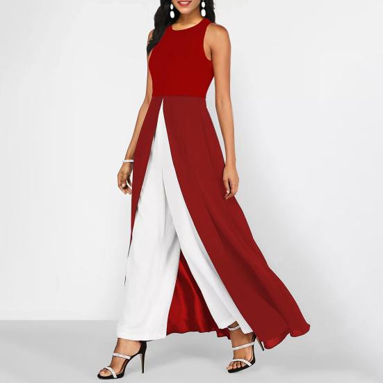 Damen Jumpsuit Sommer Ärmellos Kontrastfarben Spleißen Hoher Schlitz O-Ausschnitt Elegant Büro