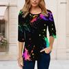 Women Plus Size Round Neck Half Sleeve Neon Paint Splatter Printed Curved Hem T Shirt