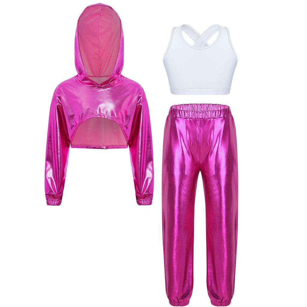 Girls Hip Hop Jazz Dance Costume 3 Piece Set Metallic Cropped Hoodie Sleeveless Keyhole Back Vest Pants