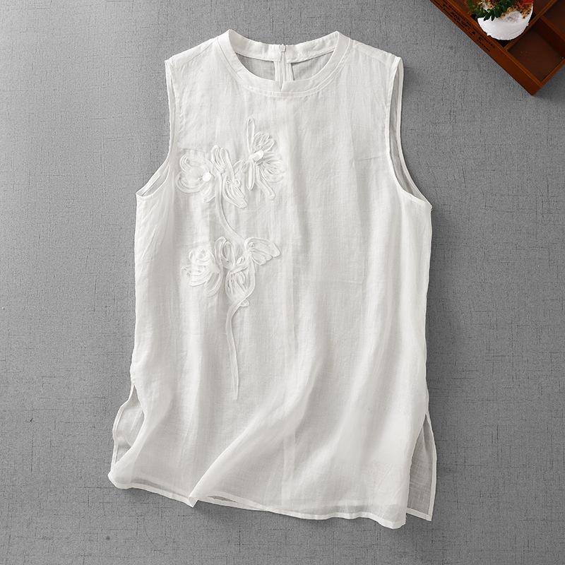European-Style Floral Embroidered Cotton Linen Sleeveless Top for Women XL