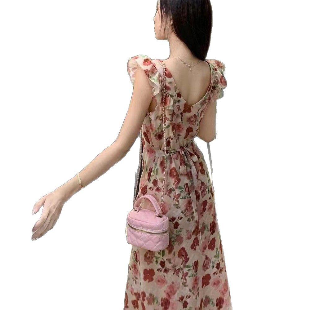 2026 New Summer Gallery Vacation Style Small Flying Sleeves Slim French Retro Slim Slim Dress Coffee Break Dress