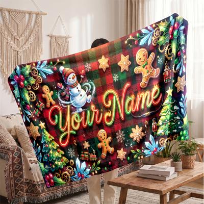 Weihnachts-Bettdecke mit individuellem Namen, Flanell, warm, gemütlich, Überwurf, Heimdekoration, Weihnachtsgeschenk