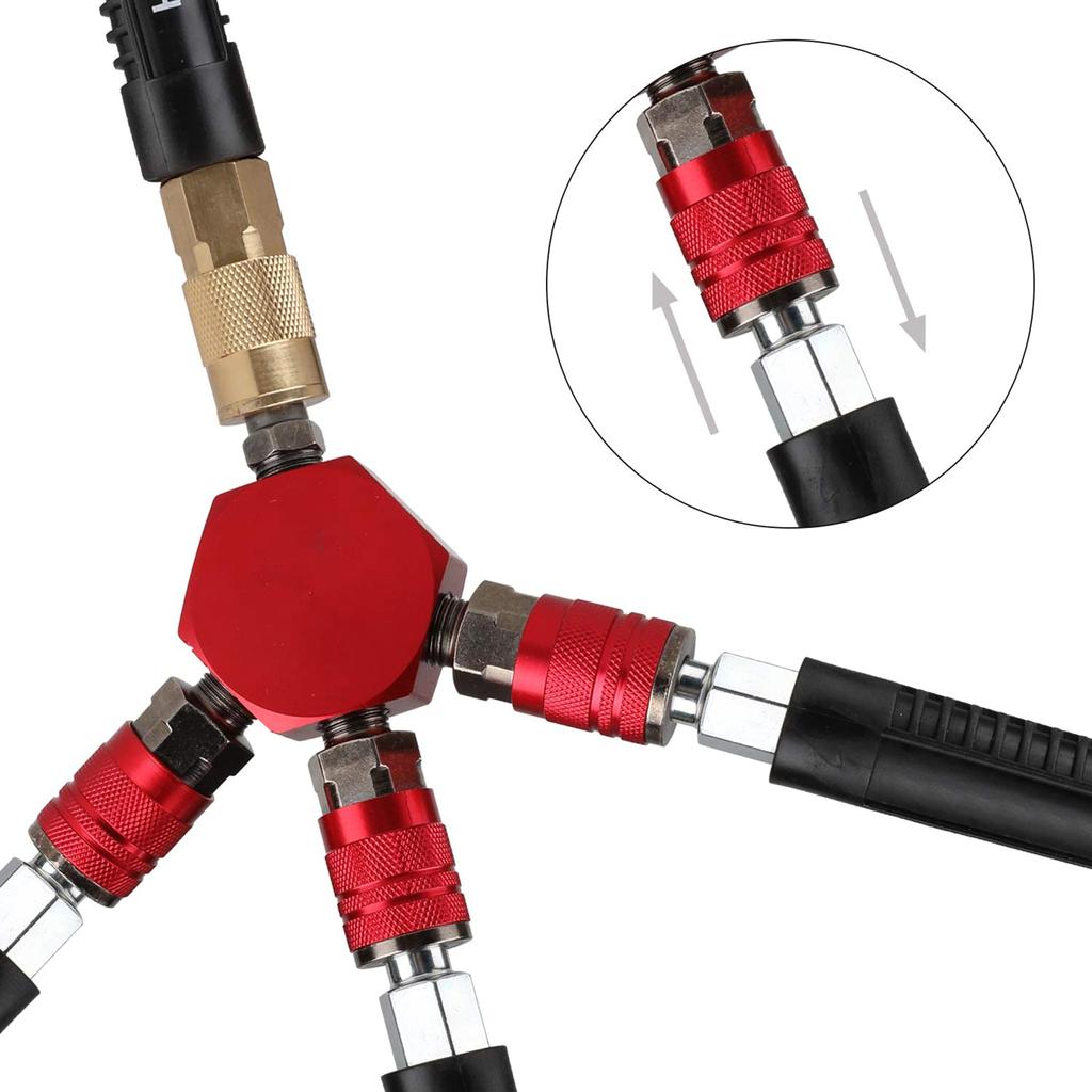 3-Way Air Manifold 4 Ports Aluminum Industrial Flat Hex Quick Connect Air Hose Splitter with Couplers and Male NPT Plug